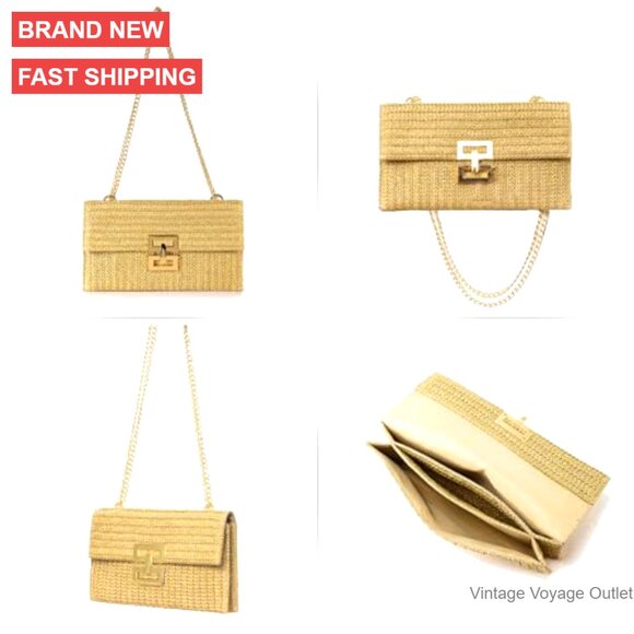 Faux Straw Clutch Purse with Adjustable Chain Strap for Evening Events